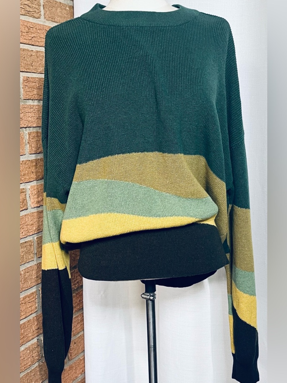 prAna Colorblock Sweater XL Green Yellow Oversized Knit Boho Casual